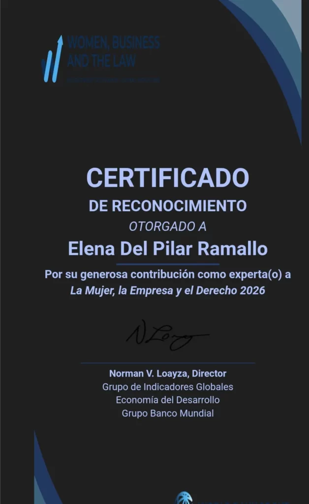 La Mujer, la Empresa y el Derecho, informe 2025 del Banco Mundial. Certificado de reconocimiento para Elena Ramallo.