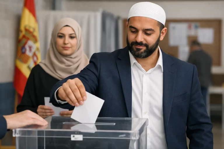 Voto musulmán y su relación con las concesiones políticas. Matrimonio musulmán votando en unas elecciones en España