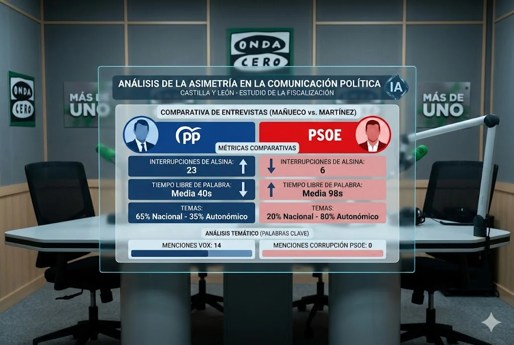 Carlos Alsina y la asimetría comunicativa PSOE vs PP. Recreación del estudio y datos de la entrevista.