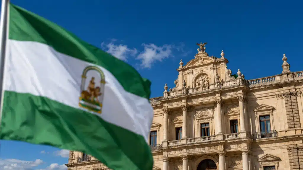 Andalucía ante el 17 de mayo: ¿Prioridad Nacional sí o no?. La bandera de Andalucía y el Palacio de Sant Telmo.