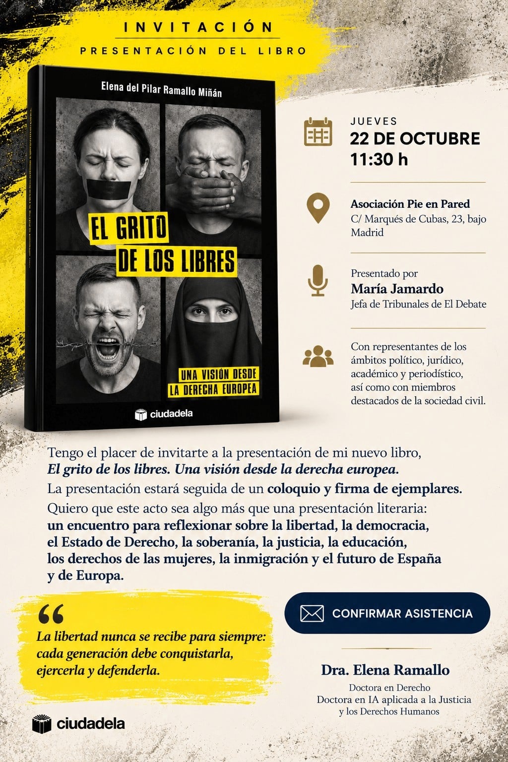 Invitación a la presentación del libro El grito de los libres, de Elena Ramallo, el 22 de octubre de 2026 en Madrid